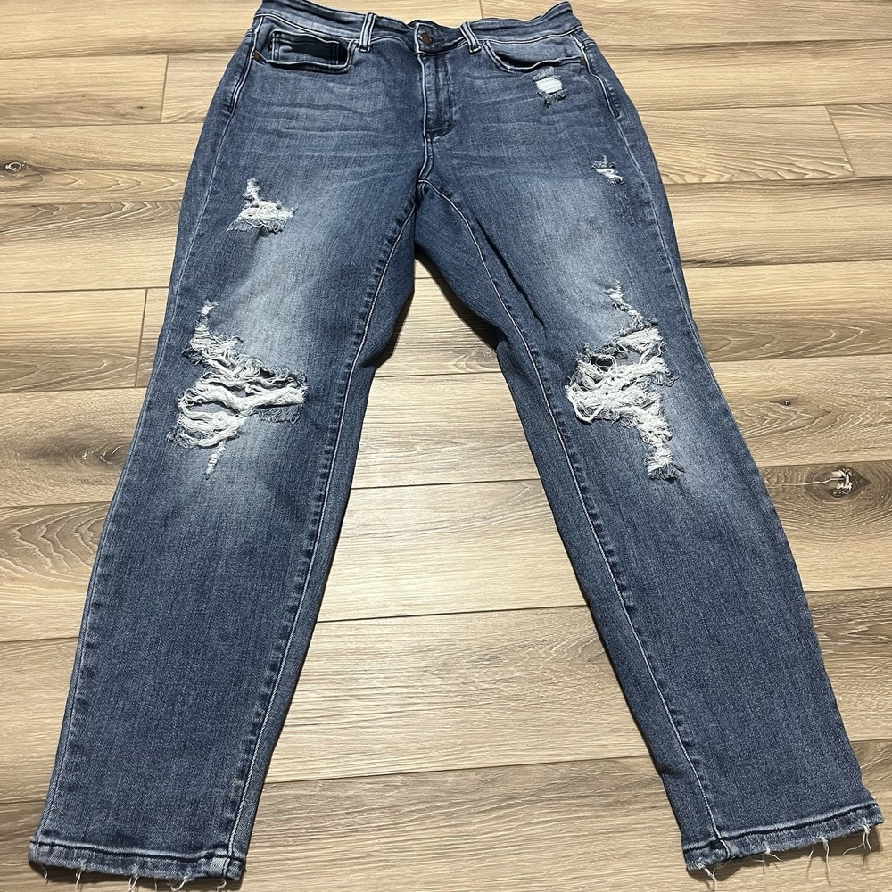 Judy Blue Distressed Boyfriend Jeans - Medium Blue Wash